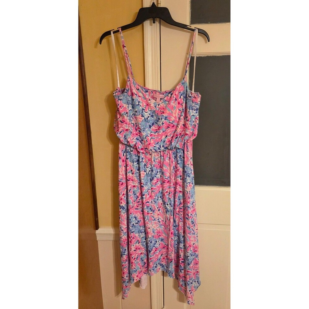 Lilly Pulitzer Dominica Handkerchief Hem Dress Blue & Pink "Coco Coral Crab" L